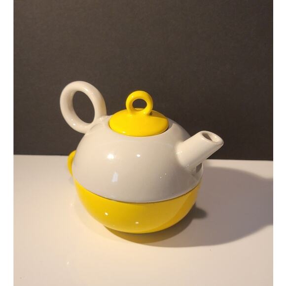 Tea for One Tea Pot with Cup Set Stackable Yellow and Gray Retro Colorful - Picture 5 of 10